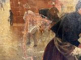 painting of a woman with a cow in a city street