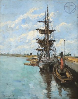tableau représentant un voilier amarré à un quai, avec un homme vêtu d'une chemise rouge