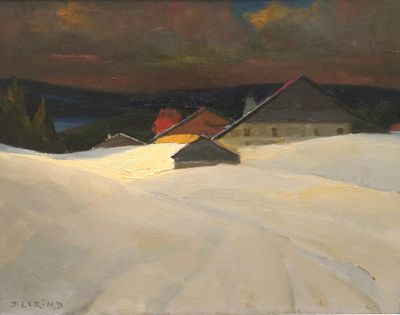 tableau représentant un paysage enneigé avec une grange au loin