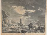 un vieux dessin représentant un phare sur un rivage rocheux, avec un bateau au premier plan