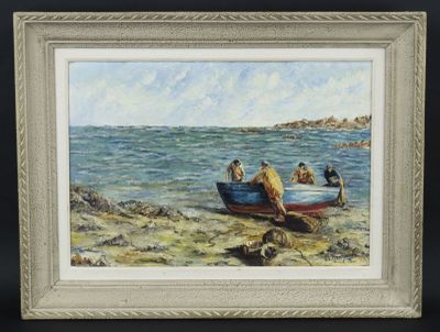 Gil. BERGOIN (XXe): "Pêcheurs et barque à marée basse", toil…