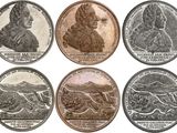 six different types of coins are shown on a white background