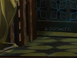 a painting of a woman standing in front of a door
