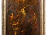 a painting of jesus crucified on the cross with other people