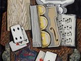 une peinture représentant une guitare, des cartes à jouer et d'autres objets posés sur une table