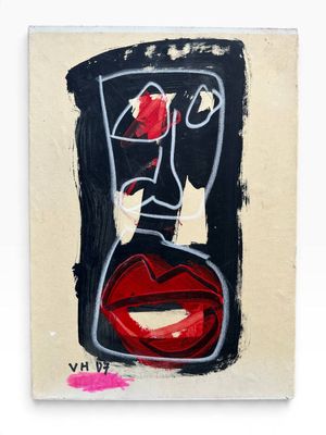 an abstract painting of a woman ' s face with a red lip