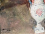 a painting of a white vase with pink flowers in it