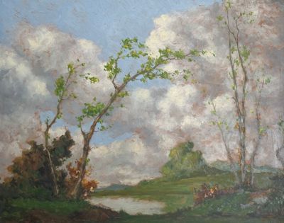 peinture d'un paysage avec des arbres et une rivière au premier plan