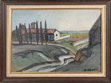 an image of a painting of a country road with a house in the background