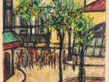 an image of a painting of a street scene with a tree
