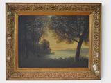 an image of a painting of a lake and trees in a gold frame