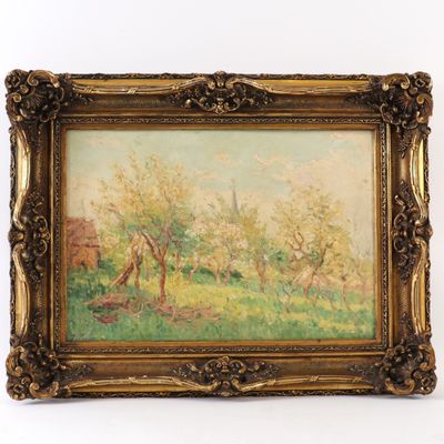an oil painting of a landscape with trees and a house in the background