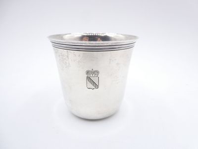 a silver cup with a handle on a white surface