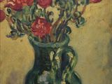 a painting of flowers in a green vase on a table