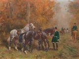 un tableau représentant un homme menant un groupe de chevaux dans les bois