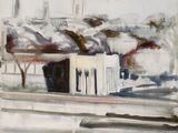 une peinture représentant un groupe de personnes assises sur un banc