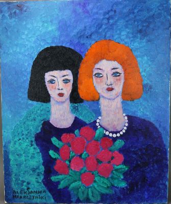 tableau représentant deux femmes aux cheveux roux et vêtues d'une robe bleue, tenant des fleurs