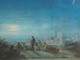 an image of a painting of a man riding a horse on a dirt road