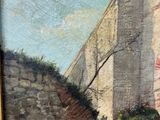 an oil painting of a building with a clock on top of it