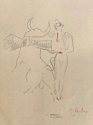 drawing of a man standing next to a bull with a red tie