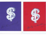 two paintings of a dollar sign and a dollar sign on a red, blue, and purple background