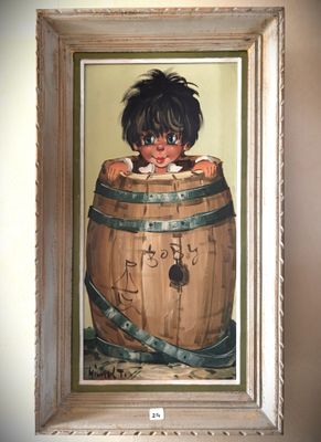a picture of a painting of a boy in a barrel