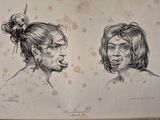 sketches of a man and a woman with a bird on their head