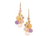 a pair of earrings with multi colored stones and pearls