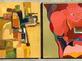 two paintings of a woman sitting on a chair next to a window