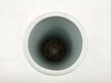 a white cup with a brown substance inside of it
