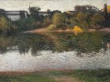 une peinture d'un paysage avec une rivière au premier plan
