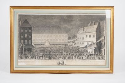 painting of a crowd of people gathered outside a building on a city street