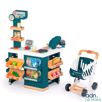 supermarché de jouets avec un caddie et un caddie rempli de produits alimentaires