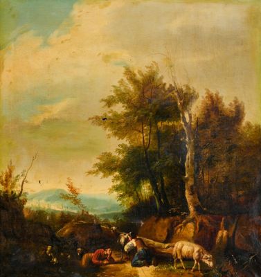 un tableau représentant un paysage boisé avec du bétail et des personnages au bord d'un ruisseau