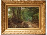 un tableau représentant un homme marchant sur un sentier dans les bois