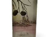 a glass vase with a picture of a tree on it