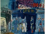 a painting of a group of people standing outside of a building