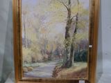 a painting of a road in a wooded area with trees