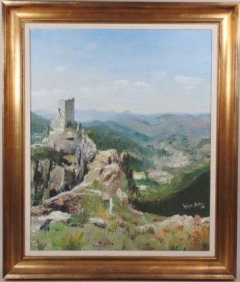 une peinture à l'huile d'un paysage avec un château au loin