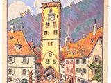 a picture of a painting of a town with a clock tower