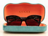gucci sunglasses in a case on a table with a white background