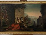 painting of a man and a woman sitting on a bench with a dog in front of them