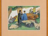 tableau représentant un groupe de personnes dans un champ avec des moutons