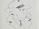 drawing of a man in a hat and coat smoking a cigarette