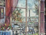 tableau représentant une pièce avec vue sur la tour Eiffel