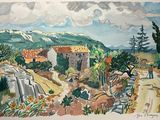 watercolor painting of a landscape with a house and a mountain in the background