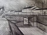 pencil drawing of a street scene with houses and a fence