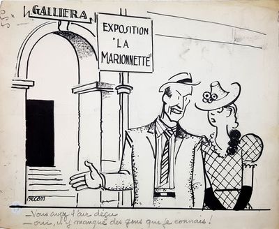 drawing of a man and a woman talking to each other in front of a building