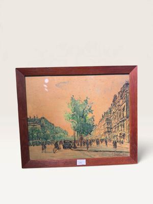 painting of a street scene with a horse drawn carriage in the foreground