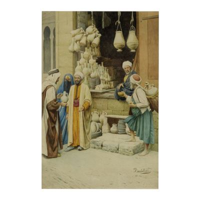 une peinture représentant un groupe de personnes à l'extérieur d'un bâtiment